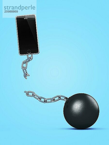 Phone breaking away from ball and chain  breaking a contract  contract-free service  conceptual illustration on bright blue background