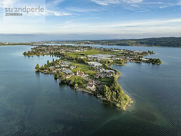 Aerial view  of the north-western tip of the island of Reichenau in Lake Constance  with the district of Niederzell and the columned basilica of St Peter and Paul  with Windegg Castle on the shore  district of Constance  Baden-Württemberg  Germany  Europe