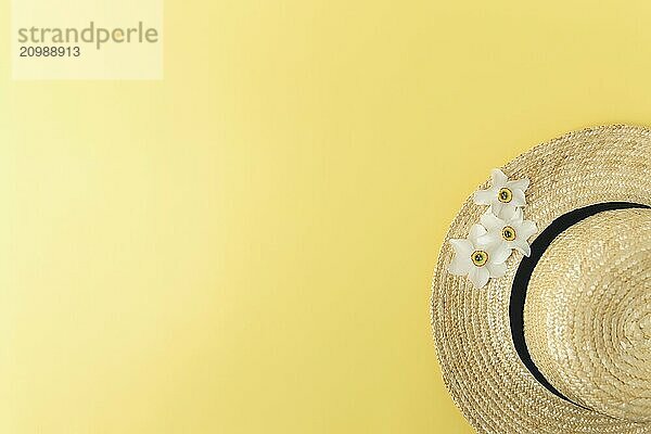 Summertime collection concept flat lay on yellow background with straw hat and flower heads of daffodil.