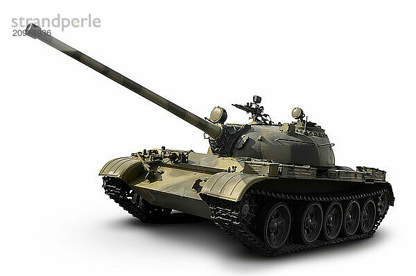 Stock photo of a Soviet heavy tank T-54 1949 year 36 ton armored vehicle with 100 mm gun Isolated silhouette with a clipping path on white background