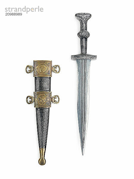 Antique Roman dagger short sword and scabbard isolated on white background with clipping path