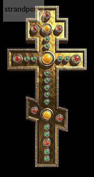 Stock 3D illustration of a Byzantine three barred cross made from gold and decorated with colorful gems Isolated silhouette on black background