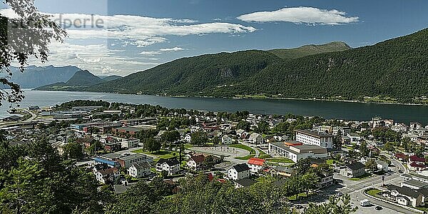 Panoramic view of Andalsnes city in Norway in Romsdalsfjorden under a sunny sky