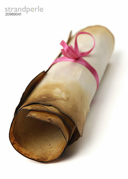 Roll of yellowish burnt vintage parchment tied with a red ribbon Isolated over white background