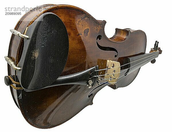 Old shiny violin with pegbox painted on white