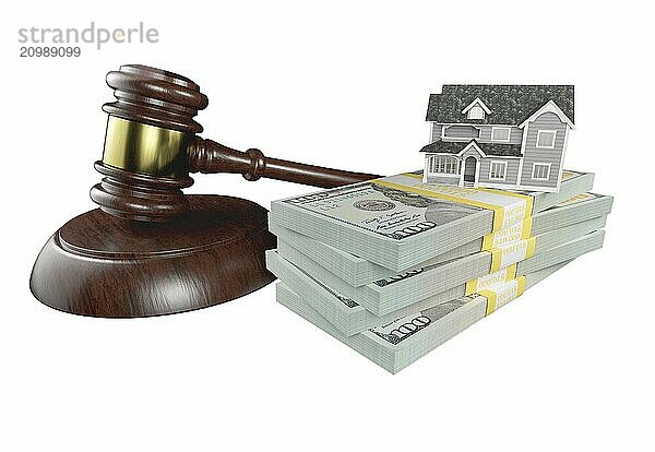 Miniature house with stack of money and wooden gavel isolated on a white background