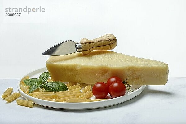 A piece of Parmesan cheese with cheese knife  pasta and tomatoes  Italy  Europe