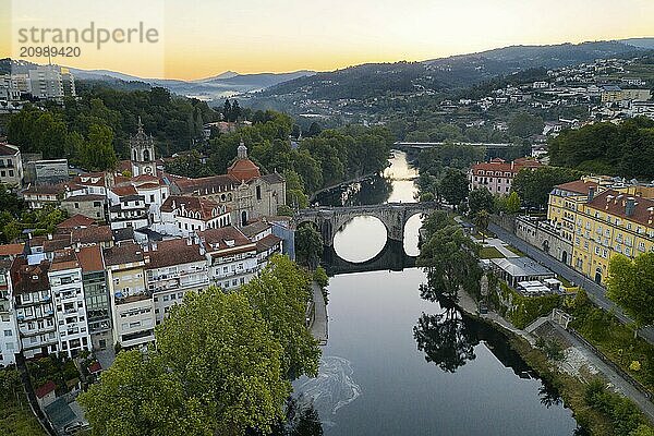 Amarante drone aerial view with beautiful church and bridge in Portugal at sunrise