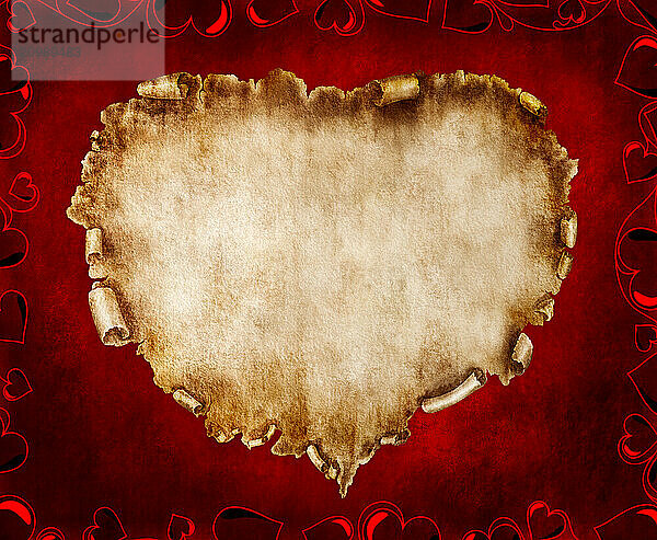 Heart-shaped vintage piece of parchment. Valentines Day Card romantic love letter on red background