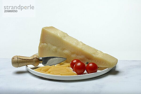 A piece of Parmesan cheese with cheese knife  pasta and tomatoes  Italy  Europe