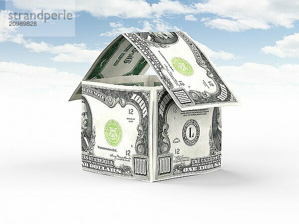 House made of money  thousand US dollar bills standing under blue sky isolated on white background. Property  real estate  housing concept