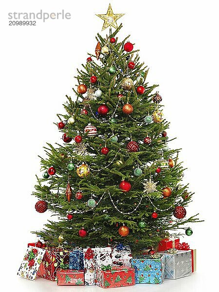 Beautiful decorated Christmas tree with colorful wrapped gifts under it. Isolated on white background