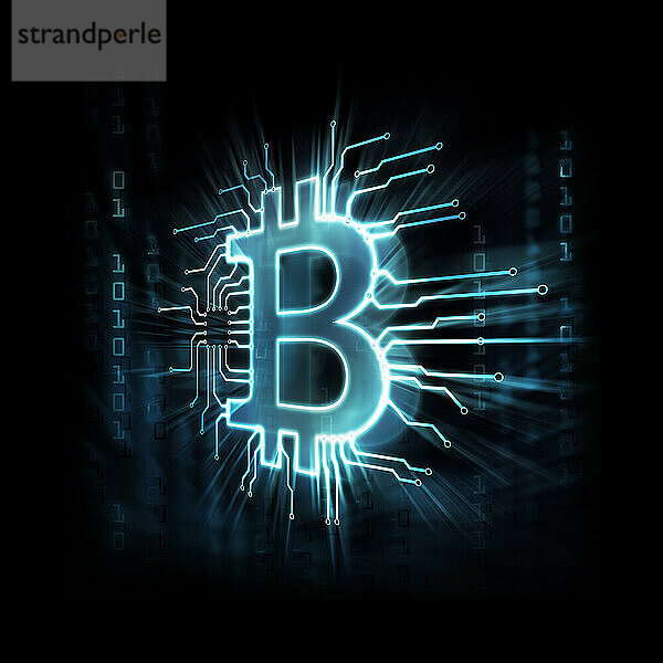 Glowing blue Bitcoin ? cryptocurrency  digital decentralized currency symbol  conceptual illustration of a bitcoin logo connected to a blockchain network