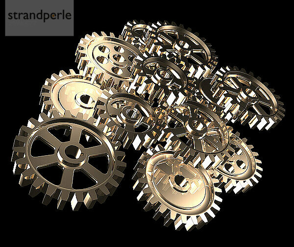 3D illustration of a Set of gears  mechanical gear box  pinion wheels. Abstract machinery transmission. Shiny gold metal gears isolated on black background