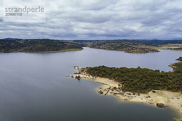 Drone aerial view of Idanha Dam Marechal Carmona landscape with beautiful blue lake water  in Portugal