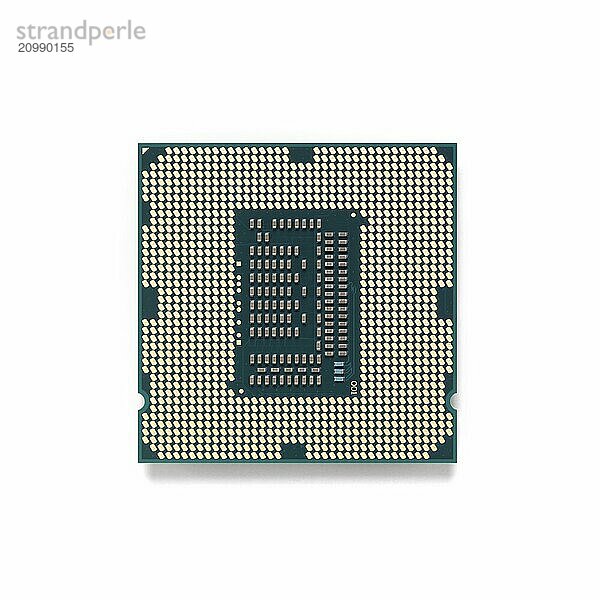 Intel i7 processor gold contacts CPU socket circuit isolated on white background