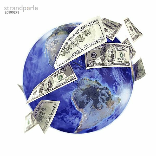 International business concept  capital turnover  global economy symbol. Money  US dollar bills  currency  flying around the globe. Isolated illustration on white background