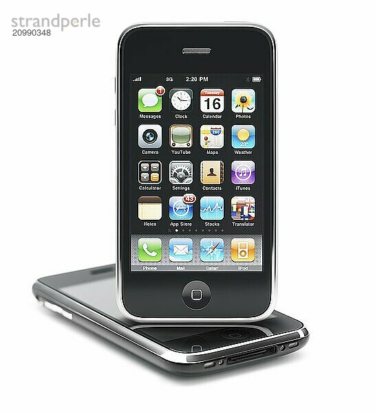 Apple iPhone 3Gs 3G smartphone with apps displayed on the screen isolated on white background. High quality photo