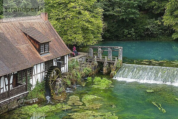 Blautopf Blaubeuren with industrial monument Hammerschmiede  source of the little river Blau in a landscape with forest. Karst spring  geotope and geopoint of the UNESCO Swabian Alb Geopark  tourist attraction. The popular excursion destination is now being thoroughly renovated and will therefore be closed to visitors until the end of 2028. Drone photo. Blaubeuren  Baden-Württemberg  Germany  Europe