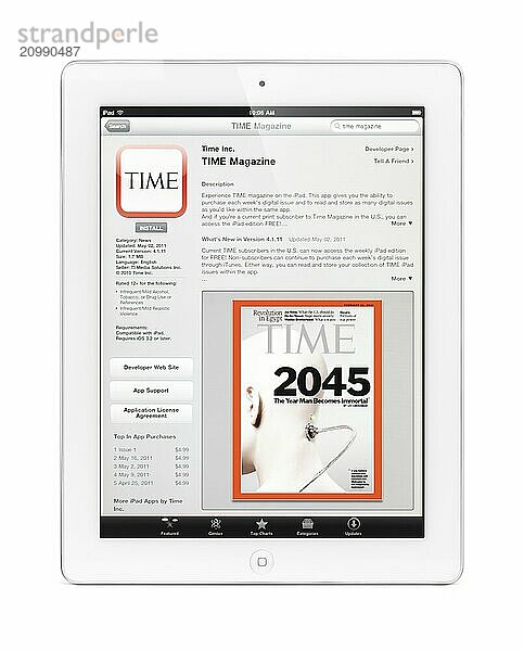 Apple iPad 2 tablet computer with Time magazine application at app store on its display. Isolated with clipping path on white background