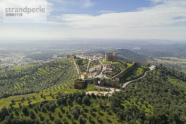 Evoramonte drone aerial view of village and castle in Alentejo  Portugal  Europe