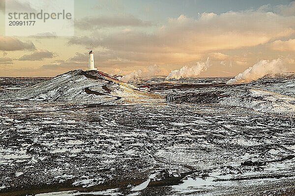 Reykjanesviti lighthouse at sunrise in winter season  iceland