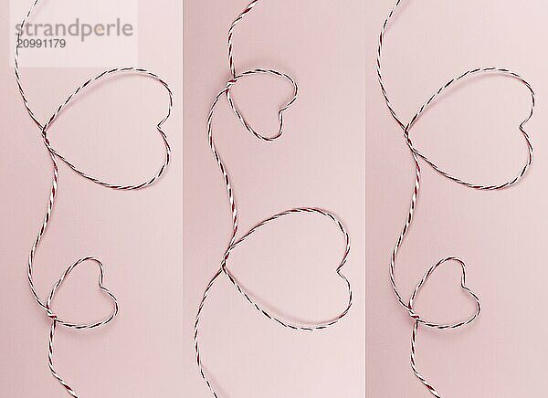 Valentine card. Heart shapes from red white string or rope. Pink background.