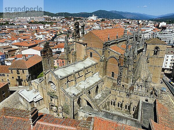 Gothic church and surrounding buildings with red tiled roofs in the city under a blue sky  aerial view  Romanesque and late Gothic cathedral  Plasencia  Cáceres  Caceres  Extremadura  Spain  Europe