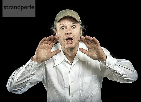 Calling man in white shirt on black background