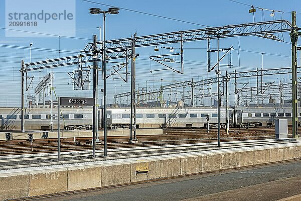 Gothenburg  Sweden  March 12 2022: Looking out over lots of train tracks near a station  Europe