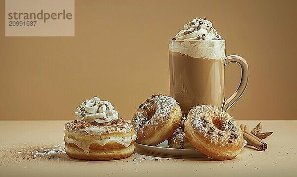 An image of pumpkin spice donuts on a light brown background AI generated