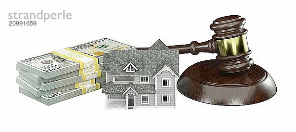 Miniature house with stack of money and wooden gavel isolated on a white background