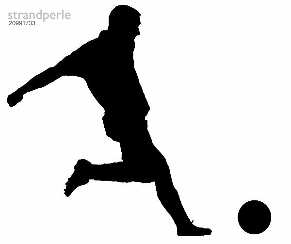 Football player as silhouette cut out on white while shooting a football