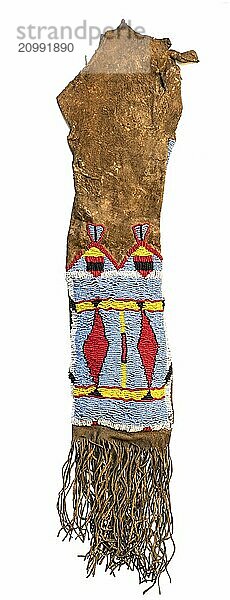 Bag of the North American Indians. Made from deerskin embroidered with colourful glass beads and leather cords on a white background