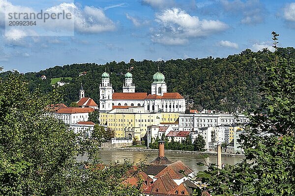 View over Passau  Bavaria  Germany with blue cloudy sky