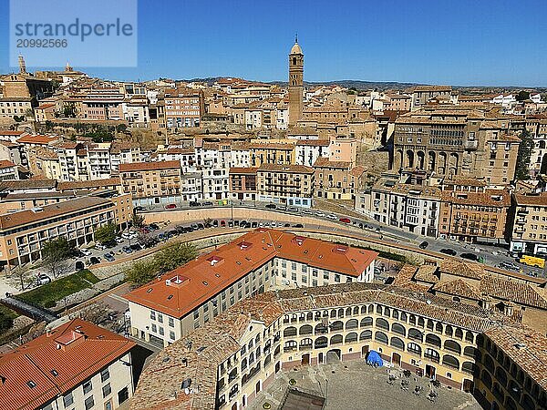 Aerial view of a historic city with many tiled roofs and a striking tower in the centre  aerial view  church  Iglesia de Santa María Magdalena  bishop's palace  Palacio Episcopal  Plaza de Toros  bullring  Tarazona  Zaragoza  Aragon  Spain  Europe