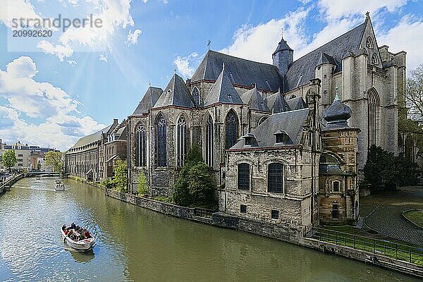 Late gothic Saint Michael Church along the Lys River  Ghent  Flanders  Belgium  Europe