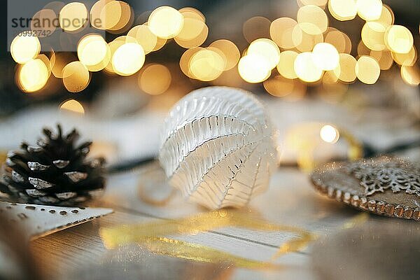 Christmas ball on blurred lights background  Christmas decoration  bokeh lights.