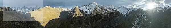 Schafkogel and Querkogel  glacier Schlaf Ferner  evening mood  Niedertal with three thousand metre peaks  Alpine panorama  aerial view  mountains in Ötztal  Ötztal Alps  Tyrol  Austria  Europe