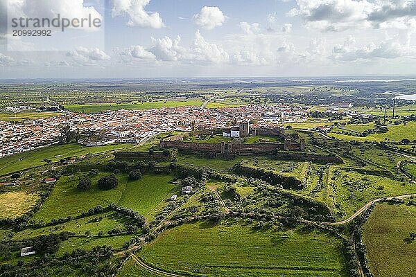 Mourao drone aerial view of castle and village in Alentejo landscape  Portugal  Europe