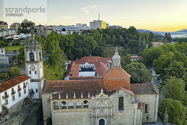 Amarante drone aerial view with beautiful church and bridge in Portugal at sunrise