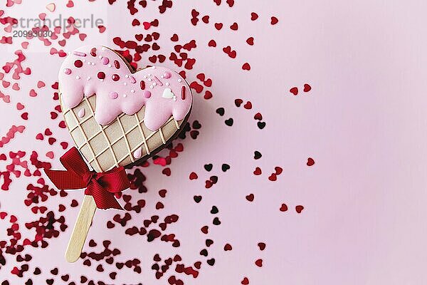 Melting ice cream heart gingerbread cookie. Valentine. Pink background  glitter.