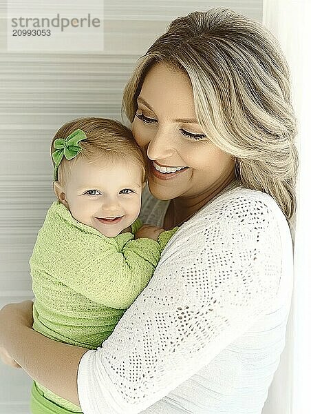 A warm embrace between a woman and baby in coordinated green and white outfits  creating a cozy atmosphere  AI generated