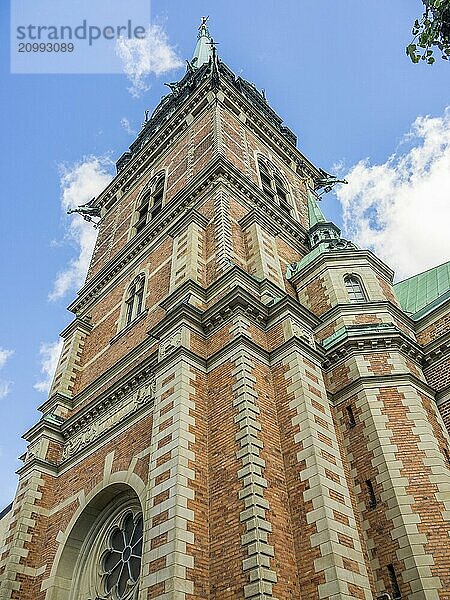 Gothic church tower made of brick  seen from a frog's perspective  stockholm  baltic sea  sweden  scandinavia