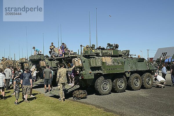 GREYMOUTH  NEW ZEALAND  NOVEMBER 18  2017: Civilians inspect Light Armoured Vehicles (LAVs) at an open day for the military