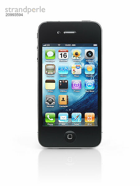 Apple iPhone 4 smartphone with desktop icons on its display isolated with clipping path on white background. High quality photo