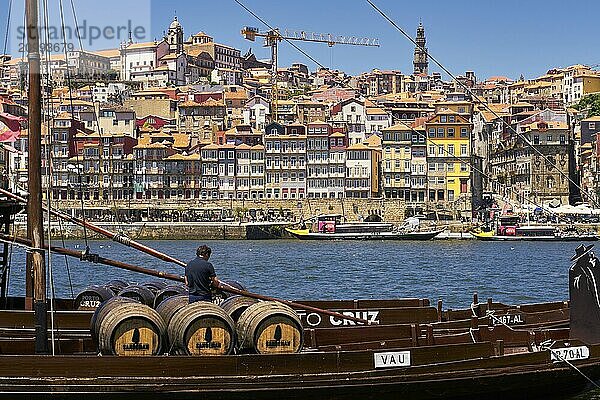 City view of the Ribeira downtown area with a wine boat in Porto  Portugal  Europe