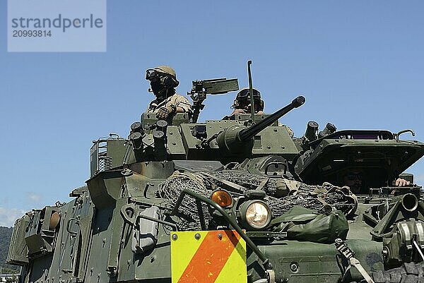 GREYMOUTH  NEW ZEALAND  NOVEMBER 18  2017: The crew of a Light Armoured Vehicle (LAV) prepares to depart from at an open day for the military