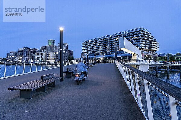 The former Fenix warehouse  left  from 1923  destroyed in the war  renovated in 2019  converted into a residential and commercial building  with hotel  flats  restaurants  offices  warehouses  on the Rijnhaven harbour basin  Rijnhavenbrug  bridge  Rotterdam  Netherlands