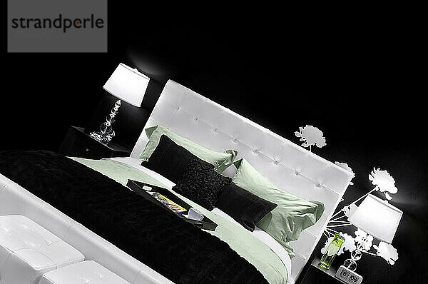 Stylish bedroom interior design in black white green colors